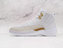 Side view of Air Jordan 12 Retro 'OVO White' with White tumbled leather and Metallic Gold eyelets