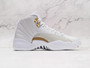 Medial view of Air Jordan 12 Retro 'OVO White' with textured overlay and Gold Jumpman