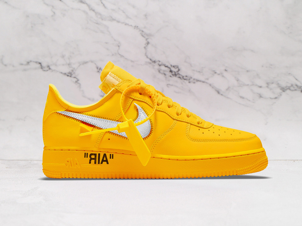 Nike Air Force 1 Off-White ICA University Gold with Metallic Silver Swoosh and deconstructed design Nike Air Force 1 Off-White ICA University Gold with Metallic Silver Swoosh and deconstructed design