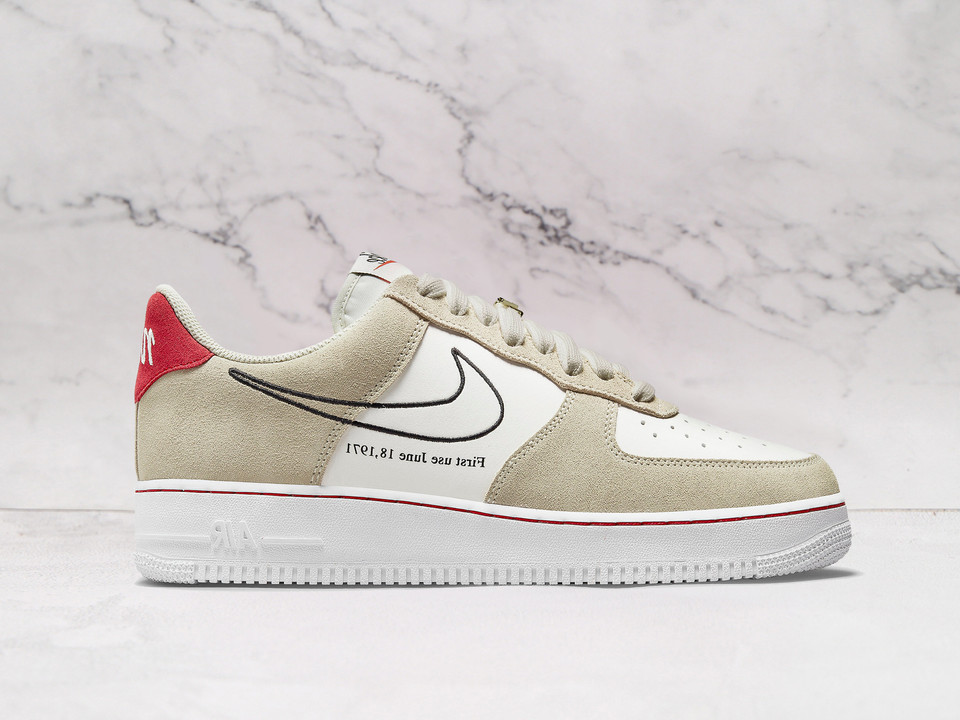 Nike Air Force 1 Low First Use Light Stone – White Leather Sneaker with Light Stone Suede and University Red Swoosh Nike Air Force 1 Low First Use Light Stone – White Leather Sneaker with Light Stone Suede and University Red Swoosh