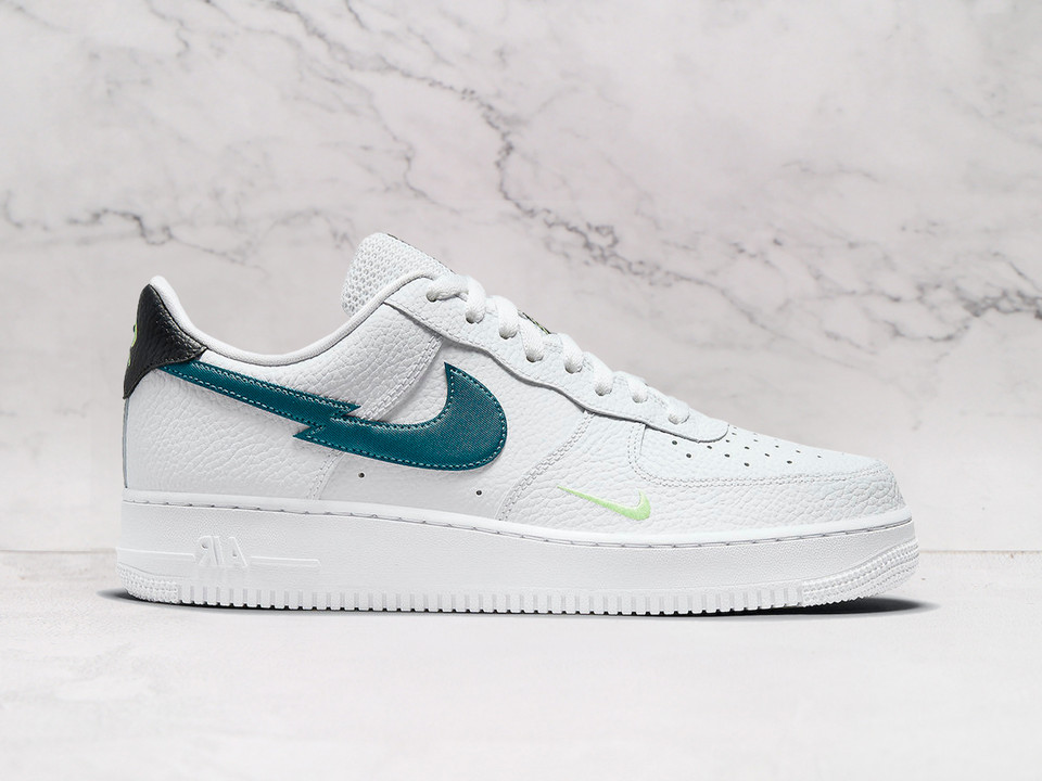 Nike Air Force 1 LV8 Split Swoosh White Aquamarine – White Leather Upper with Aquamarine Accents and Lightning Bolt Graphic Nike Air Force 1 LV8 Split Swoosh White Aquamarine – White Leather Upper with Aquamarine Accents and Lightning Bolt Graphic