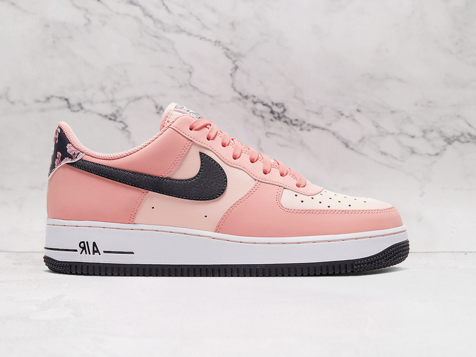 Nike Air Force 1 Low '07 Pink Quartz – Smooth Pink Leather Upper with Floral Patterns and Black Leather Swoosh