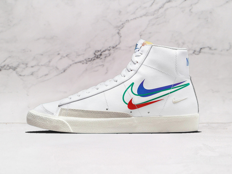 Nike Blazer Mid '77 Multi Swoosh – White Leather Upper with Multiple Swoosh Logos in Black, Bright Mandarin, and Medium Ash