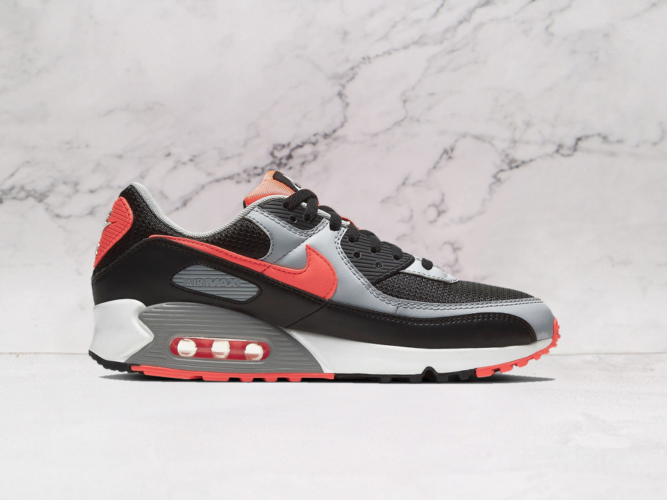 Nike Air Max 90 Black Radiant Red Wolf Grey – Black Leather and Mesh Upper