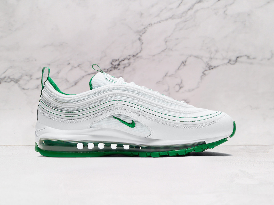 Nike Air Max 97 White Pine Green medial view highlighting its breathable mesh panels, lightweight cushioning, and eye-catching pine green details Nike Air Max 97 White Pine Green medial view highlighting its breathable mesh panels, lightweight cushioning, and eye-catching pine green details