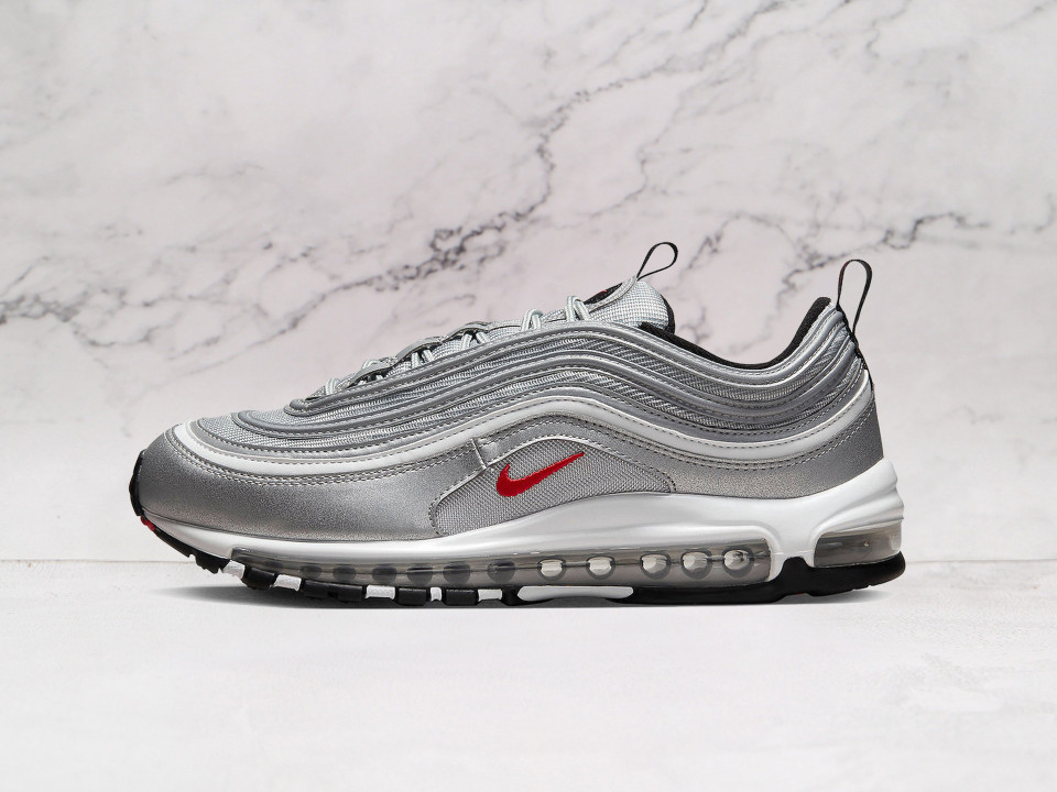 Nike Air Max 97 Silver Bullet side profile featuring metallic silver leather, red Swoosh branding, and reflective detailing, inspired by Japanese bullet trains Nike Air Max 97 Silver Bullet side profile featuring metallic silver leather, red Swoosh branding, and reflective detailing, inspired by Japanese bullet trains
