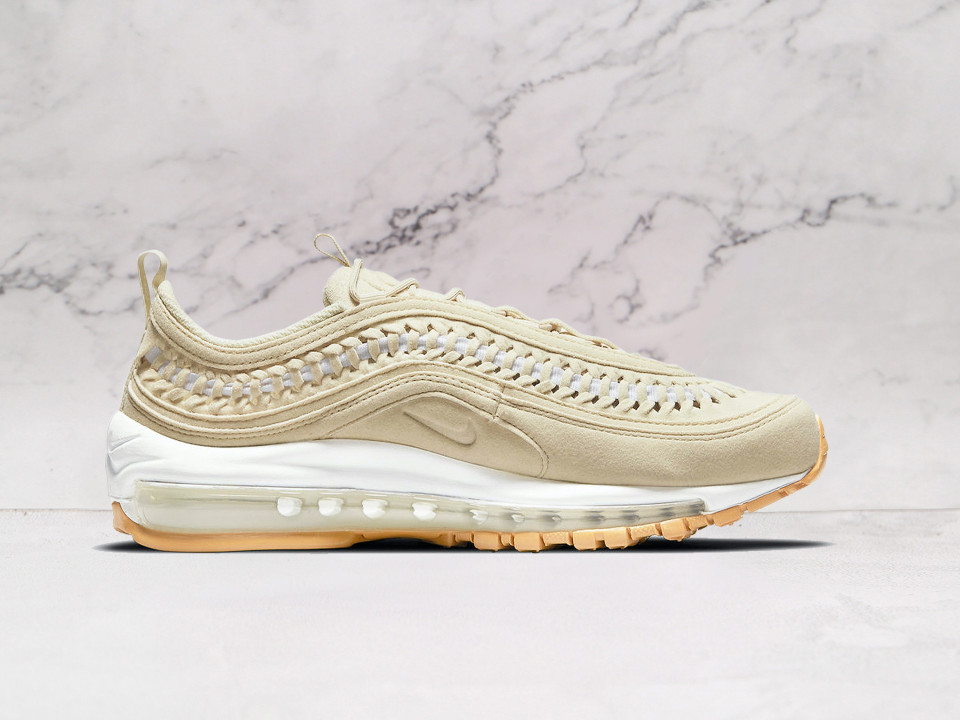Nike Air Max 97 LX Woven Fossil medial view highlighting the woven fabric, mesh underlays, and cushioned midsole for all-day comfort and style Nike Air Max 97 LX Woven Fossil medial view highlighting the woven fabric, mesh underlays, and cushioned midsole for all-day comfort and style