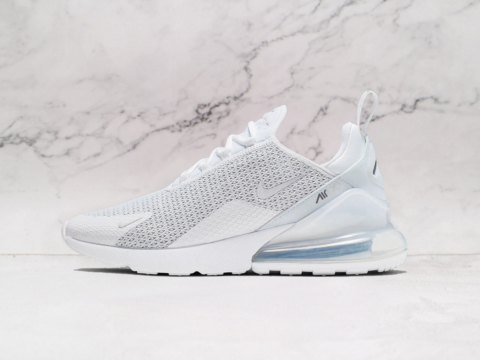 Nike Air Max 270 White Pure Platinum side profile, featuring a clean white mesh upper with grey Pure Platinum accents and a signature large Air unit for all-day comfort