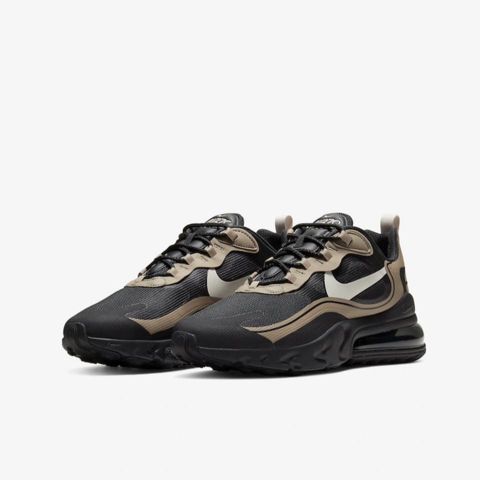 Nike Air Max 270 React 'Just Do It' – Black Mesh Upper with Light Bone and Khaki Overlays, Metallic Gold Accents and 'Just Do It' Branding