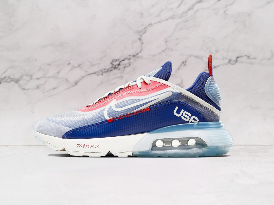 Nike Air Max 2090 USA side profile featuring a patriotic red, white, and blue color scheme, translucent overlays, and a futuristic Air cushioning unit for modern comfort Nike Air Max 2090 USA side profile featuring a patriotic red, white, and blue color scheme, translucent overlays, and a futuristic Air cushioning unit for modern comfort