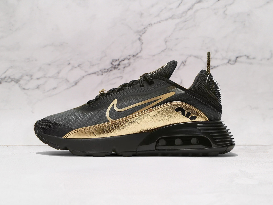 Nike Air Max 2090 Black Metallic Gold side profile, featuring a sleek black mesh upper, metallic gold accents on the Swoosh and heel, and a futuristic translucent midsole Nike Air Max 2090 Black Metallic Gold side profile, featuring a sleek black mesh upper, metallic gold accents on the Swoosh and heel, and a futuristic translucent midsole