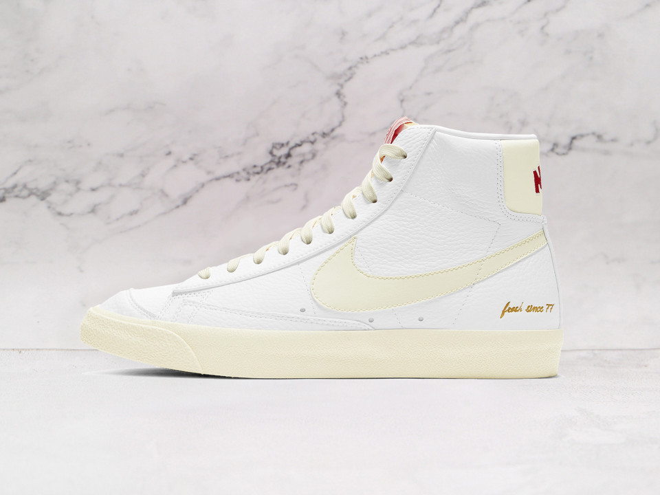 Nike Blazer Mid '77 'Popcorn' – White Tumbled Leather Upper with Buttery Yellow Swoosh and Red Branding
