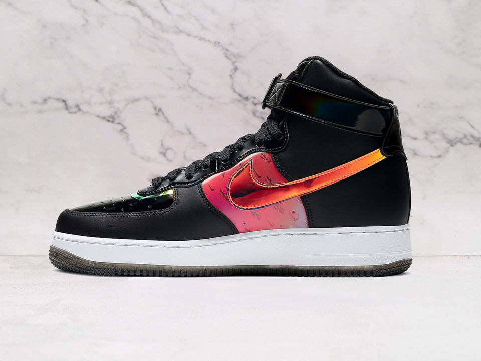 Black Nike Air Force 1 High medial view with gaming text and translucent sole