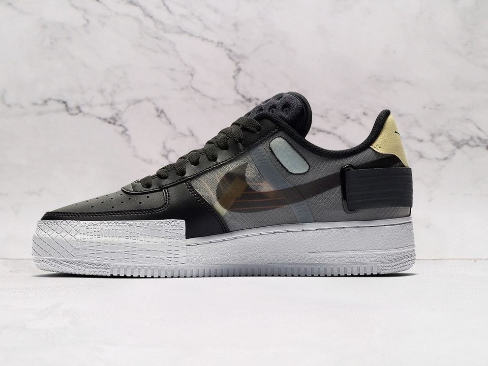 Nike Air Force 1 Type 'Black' – Black Leather Upper with  Exposed Stitching, and Adjustable Velcro Heel Strap Nike Air Force 1 Type 'Black' – Black Leather Upper with  Exposed Stitching, and Adjustable Velcro Heel Strap