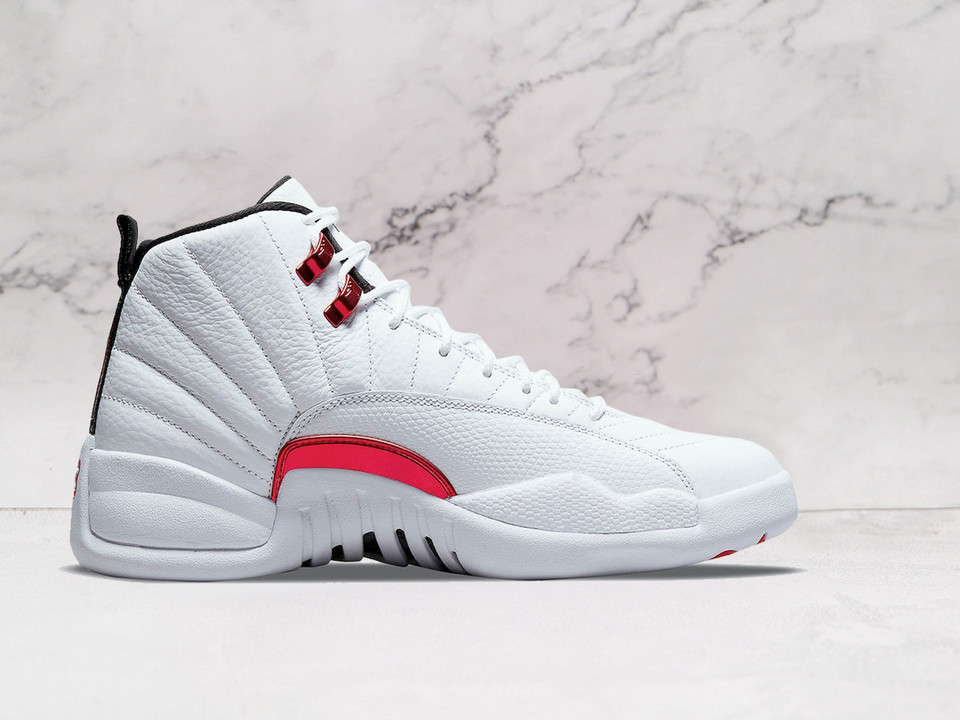Medial view Air Jordan 12 Retro Twist – White Tumbled Leather with University Red Accents