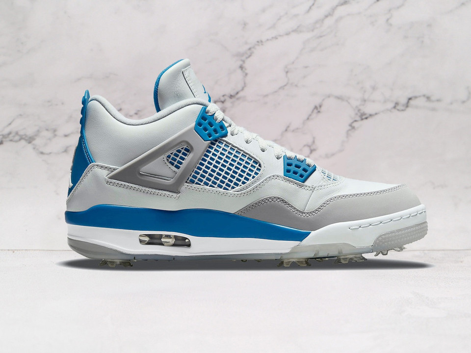 AJ4 Golf – White Leather with Military Blue Accents