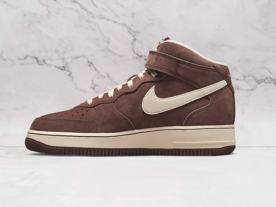 Chocolate Nike Air Force 1 Mid medial view with Cream accents and ankle strap