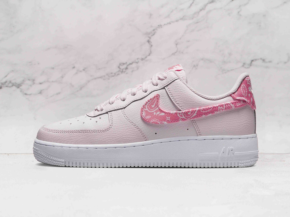 Women’s Nike Air Force 1 Low Pink Paisley with pink paisley Swoosh and leather upper