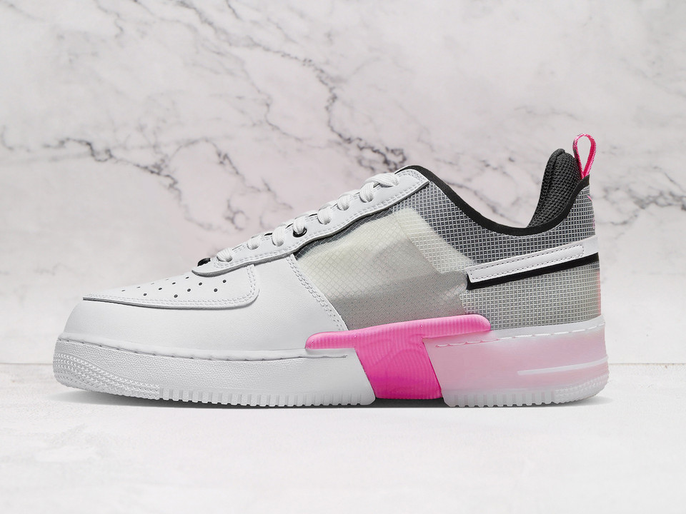White Nike Air Force 1 React medial view with Pink Spell React foam White Nike Air Force 1 React medial view with Pink Spell React foam