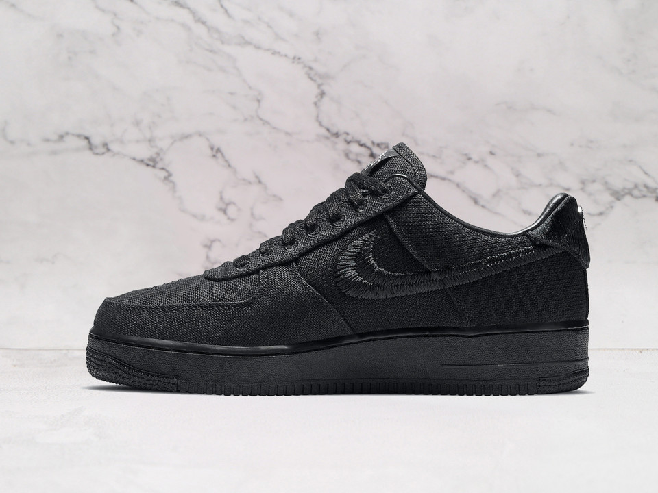 Nike Air Force 1 Low Stussy Black medial view with embroidered Swoosh