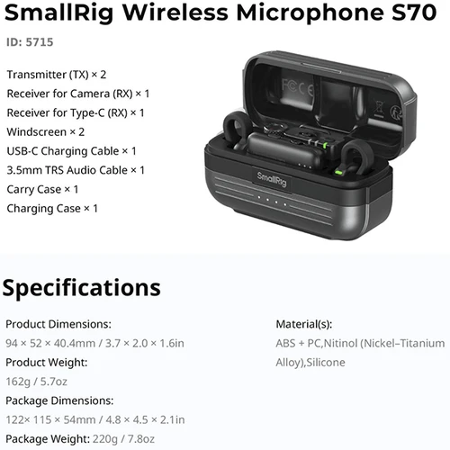 SMALLRIG S70-C2 ULTRA-THIN INVISIBLE WIRELESS MICROPHONE (BLACK)