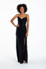 liquid metallic A-line gown, curved V-neckline, natural waist, gathered skirt with front slit.