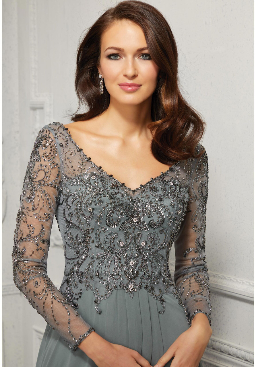 chinese dress ladies Fitted Scoop 3/4 Sleeves Two Tone Lace Applique Floral Mother of The Bride Dress QM3364 US2 / Ink Blue