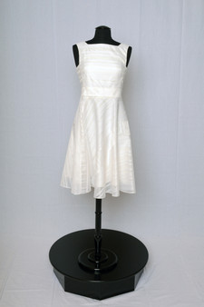 Kay Unger Sleeveless fit and flare stripe jacquard dress with high square neck, banded fabric waist and knee-legnth