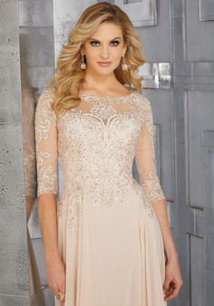 Chiffon Mother of the Occasion Gown with Beaded Bodice and 3/4 Illusion Sleeves