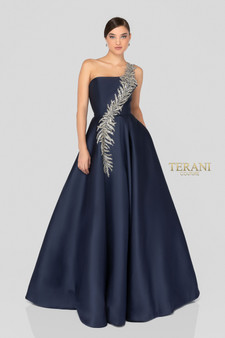 Elegant one shoulder Mikado long ball gown features an intricate leaf motif in metallic embroidery layered with matching beads and crystals. Sheer straps support the scoop back for a perfect fit. Finished with inset side pockets.