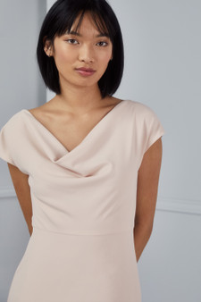 Cap sleeve draped neck bodice with slit skirt. Shown in Blush crepe.