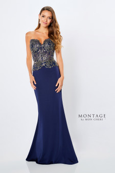 Sheath crepe gown featuring a strapless sweetheart neckline, a beaded bodice with boning, and a sweep train. A detachable belt, wrap, and beaded straps included.