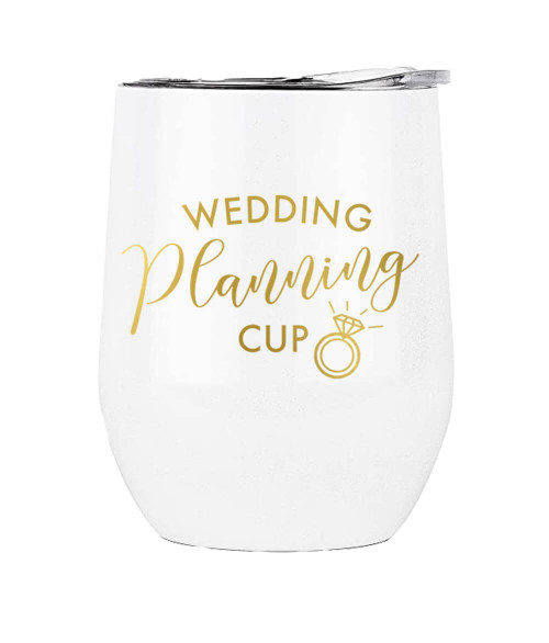 This insulated tumbler reads This Is My Wedding Planning Cup in gold metallic. This cup would make a great Engagement gift for the Bride to Be!