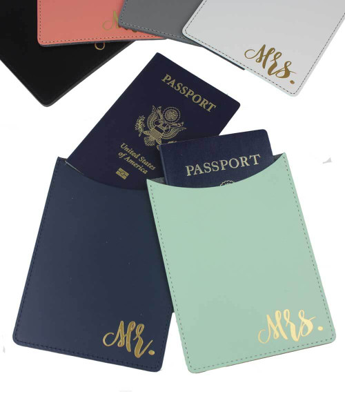 A cute gift for the Bride and Groom traveling internationally for their Honeymoon! Passport holders are 100 percent Leather, embossed in gold with Mr. or Mrs.
