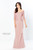 Three quarter sleeve off the shoulder chiffon and lace fit and flare gown with a soft v-neckline, drop waist with a cascading detail, soft v-back, a sweep train and crystal accents .