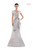 double-faced satin fit and flare dress with the wrapped bodice, side pleated ruffle, beading applique