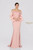 Clean off shoulder long dress is brought to life with organza sleeves that are adorned with 3D flowers.