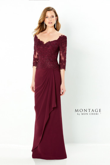 Three quarter sleeve off the shoulder chiffon and lace fit and flare gown with a soft v-neckline, drop waist with a cascading detail, soft v-back, a sweep train and crystal accents .