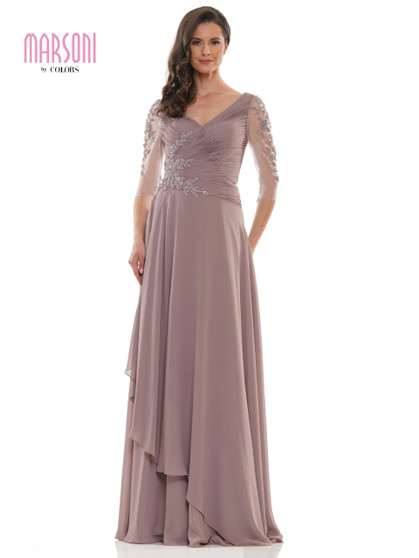 A-line dress with V-neck, shirring bodice,3/4 sleeves with beaded, ruffles skirt