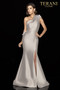 One shoulder mikado evening gown with twisted collar reveals lace tonal 3D flowers and its side tucks lead to a slit