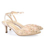 Rosa bridal shoes are from the Bella Belle 'Euphoria' collection. These pink wedding shoes low heel for comfort are incredibly romantic and feature 3D floral beading and scattering pearls. Each chiffon is laser-cut, and the petals are pearlized, so this evening kitten heel is exceptionally luxurious. Rosa pearl heel shoes also have an ankle strap for a secure fitting and heavy padding to ensure a comfortable kitten heel fit.
