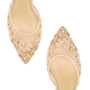 Rosa bridal shoes are from the Bella Belle 'Euphoria' collection. These pink wedding shoes low heel for comfort are incredibly romantic and feature 3D floral beading and scattering pearls. Each chiffon is laser-cut, and the petals are pearlized, so this evening kitten heel is exceptionally luxurious. Rosa pearl heel shoes also have an ankle strap for a secure fitting and heavy padding to ensure a comfortable kitten heel fit.
