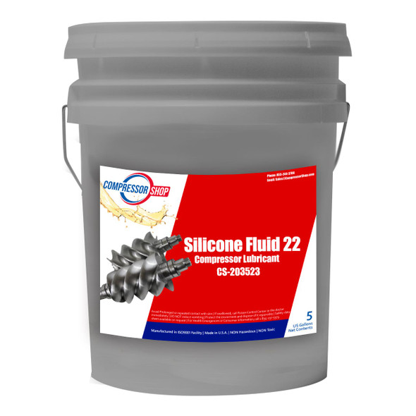 Silicone compressor oil and fluid for rotary screw compressors. Shown in 5 gallon pail.