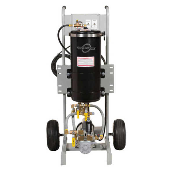 Compressor Shop portable filter cart for compressor oil and hydraulic oil. Black filter housing with portable cart on wheels.