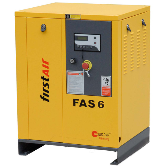 firstAir FAS061 rotary screw compressor without tank. 230V/60/1. First Air FAS6 air compressor with black open base and yellow body.
