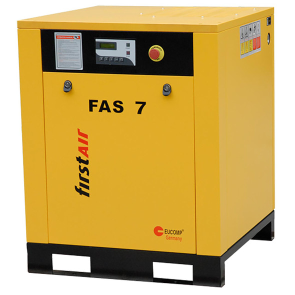 firstAir FAS073 rotary screw compressor without tank. 230V/60/3. First Air FAS7 air compressor with black open base and yellow body. Shown at angle.