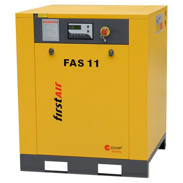 firstAir FAS113 rotary screw compressor without tank. 230V/60/3. First Air FAS11 air compressor with black open base and yellow body. Shown at angle.