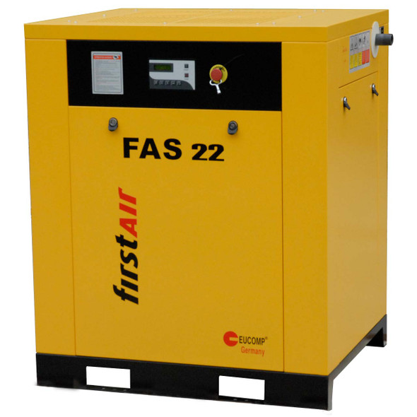 firstAir FAS223 rotary screw compressor without tank. First Air FAS22 air compressor with black open base and yellow body.