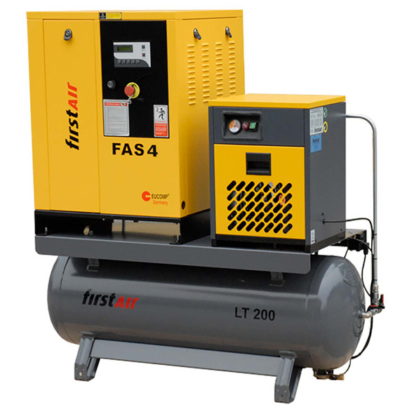 firstAir FAS043U rotary screw compressor and refrigerated air dryer UltraPack package. FAS 04 air compressor, dryer, and filter mounted on gray air receiver compressor tank.