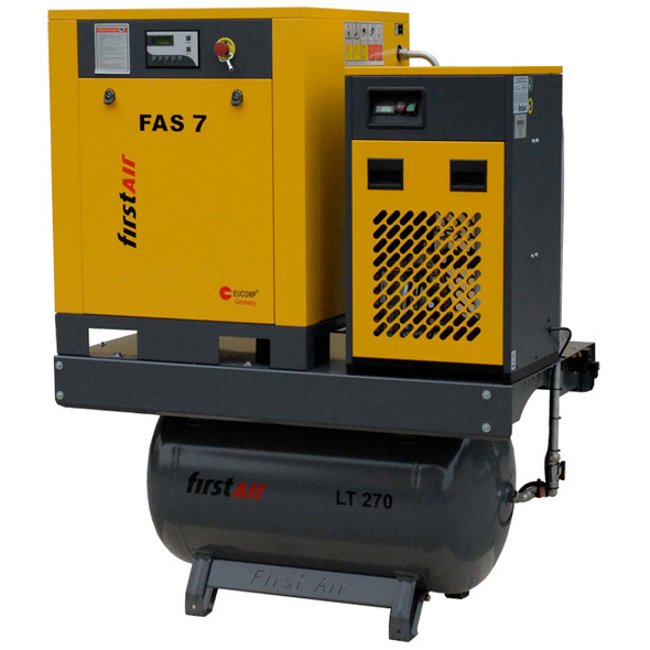 firstAir FAS073U rotary screw compressor UltraPack with air dryer and pre filter mounted on gray air tank. 230V/60/3. First Air FAS7U air compressor and dryer are yellow in color.